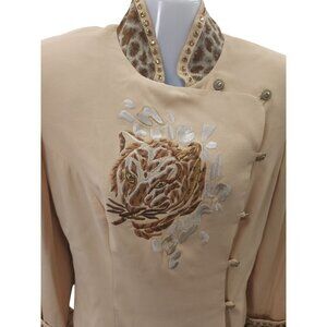 High Drama Womens Blazer Size 8 Beige Leopard Vintage 80s Embroidered Tiger Desi
